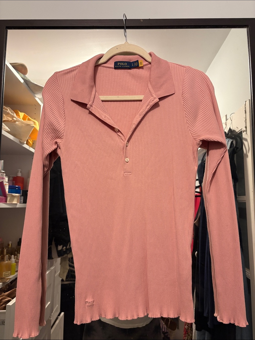 Polo by Ralph Lauren Ribbed Long-Sleeve Polo Top - Dusty Rose Pink